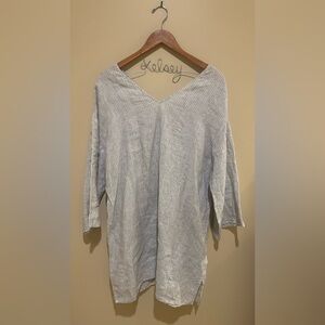 Eileen Fisher V-Neck Striped Linen Shirt Dress- Blue & White Size Large